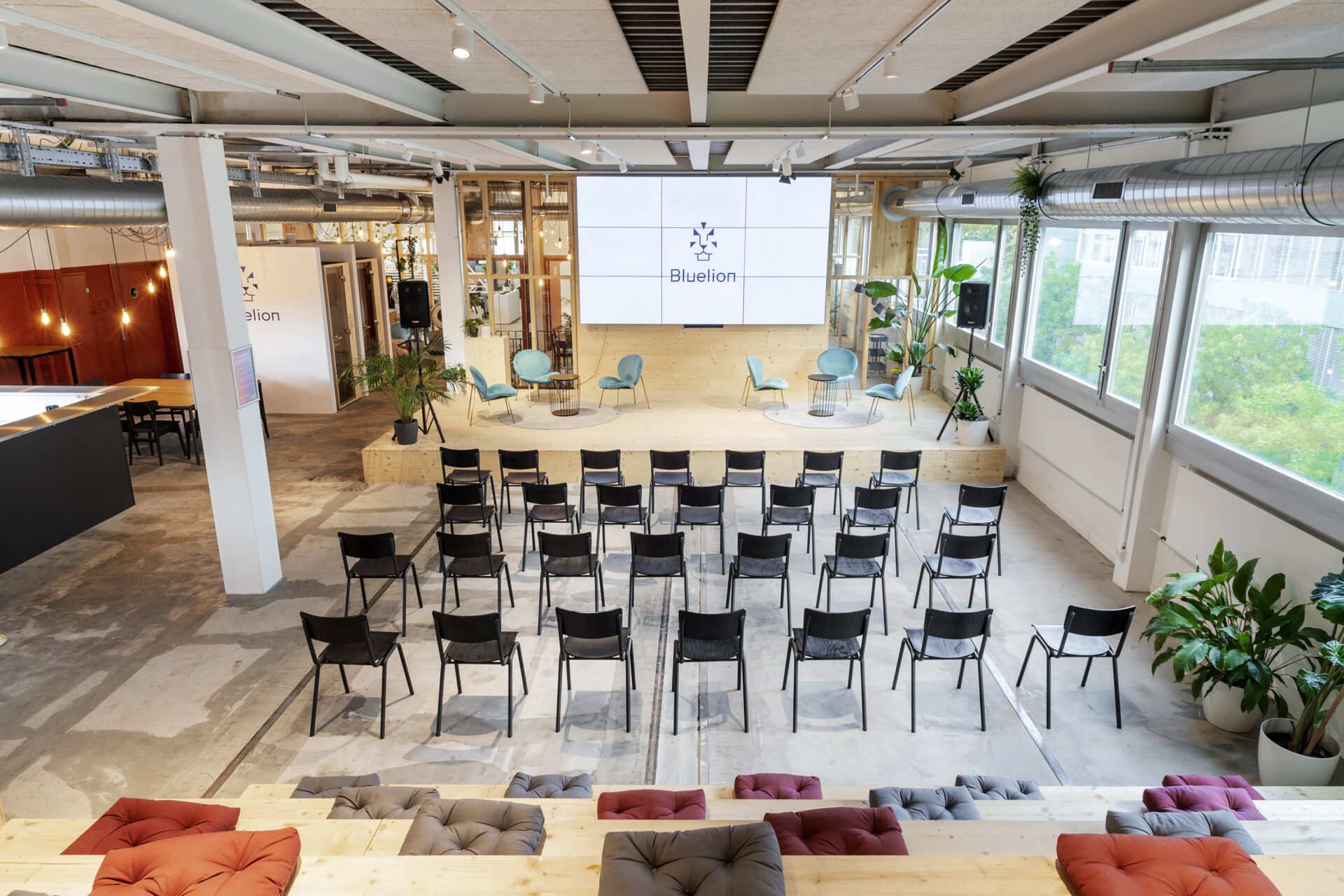 The Bluelion event space in Zurich, set up with a stage